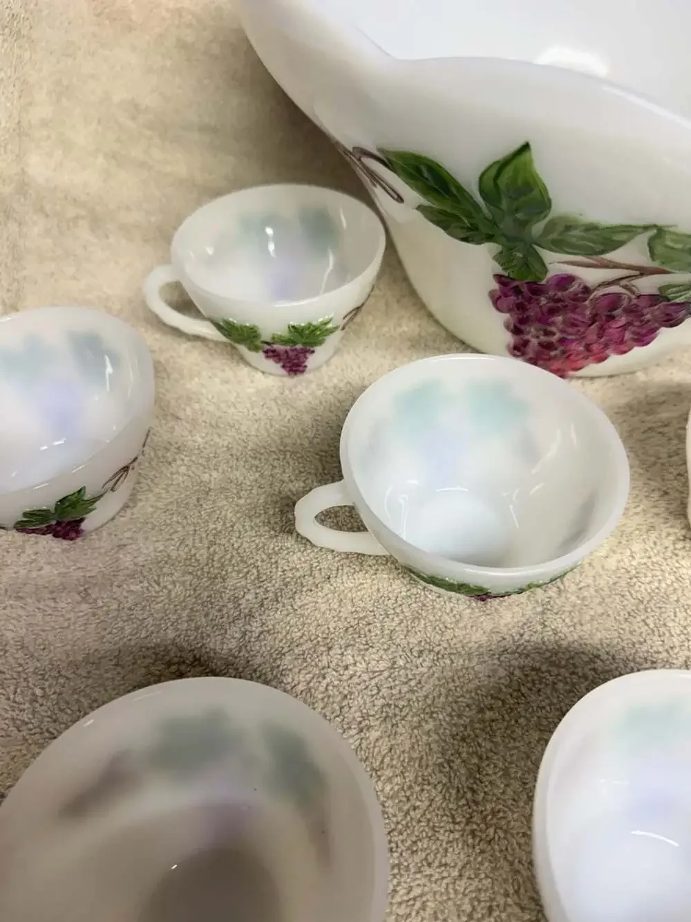 Vintage Anchor Hocking Milk Glass Grapevine Pattern Punch Bowl Set